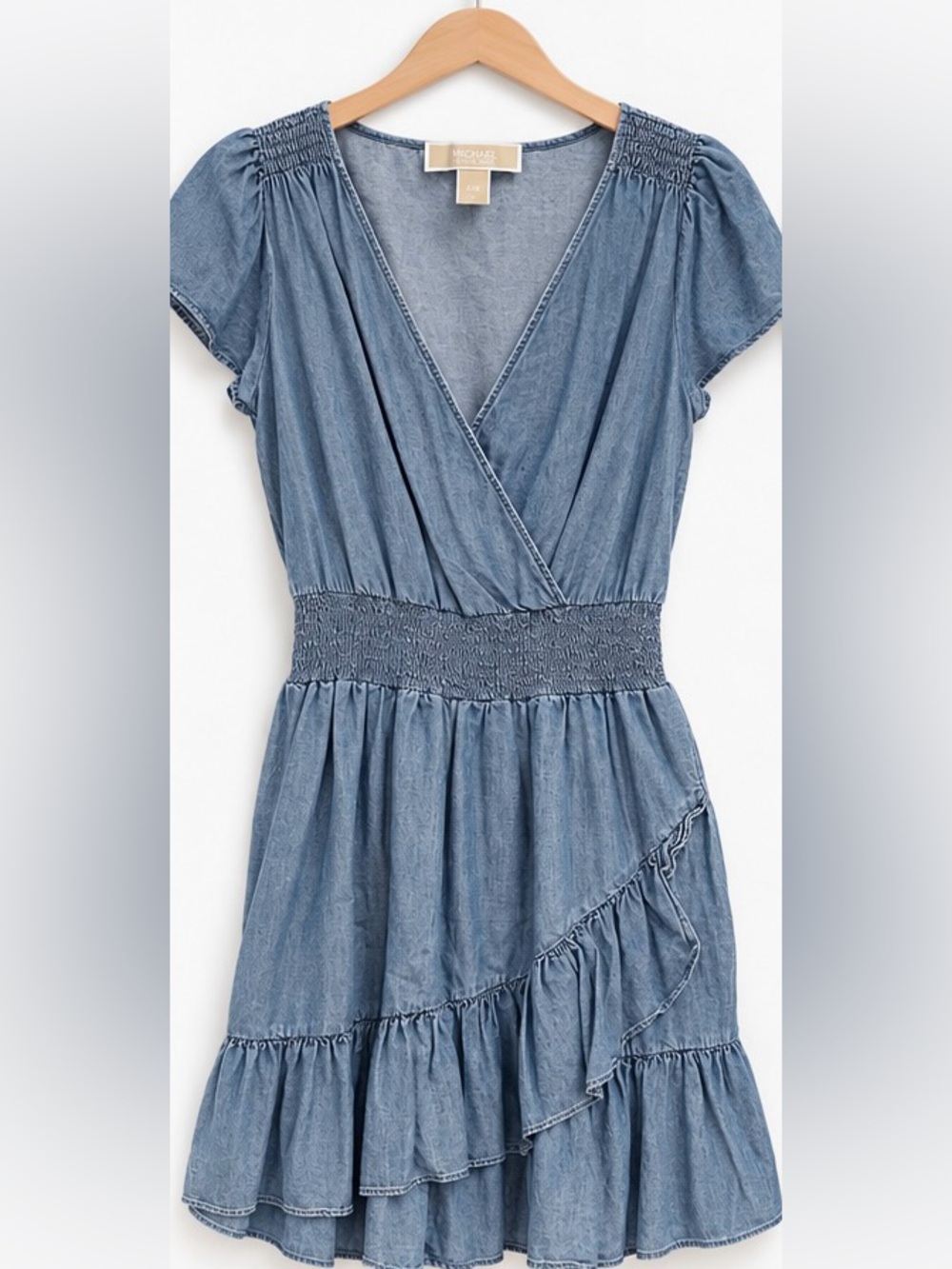NWOT Michael Kors Blue Chambray Faux Wrap Ruffle Dress Size M